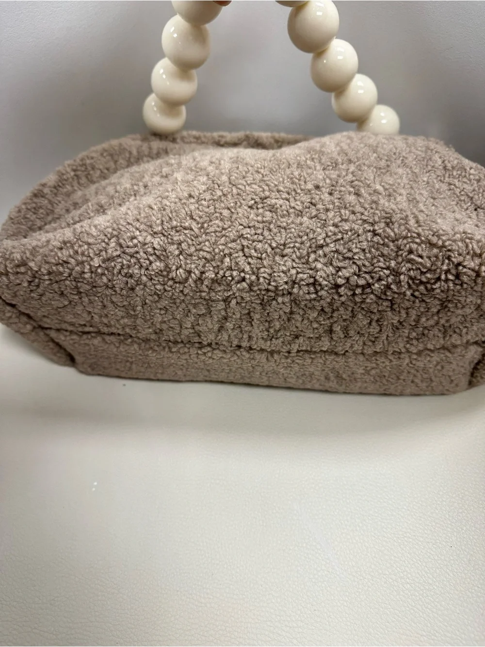 Ah-Dorned Teddy Sherpa Clutch w/ Oversized Beaded Handle Neutral Taupe Bag